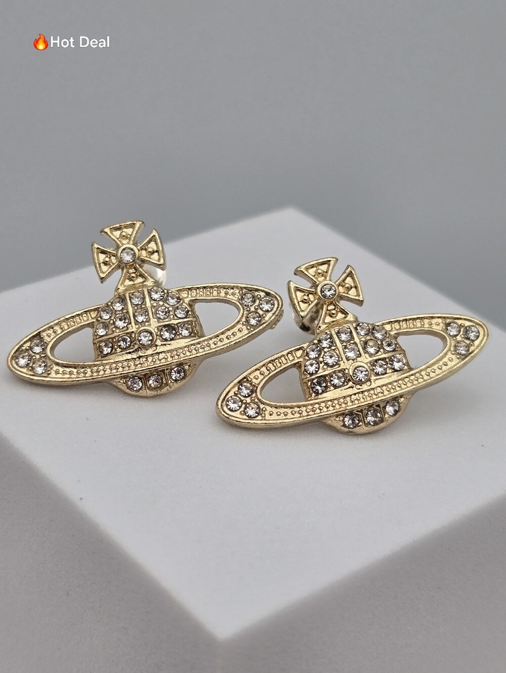 Gold Plated Orb Earrings CZ Saturn Logo Studs Gold Plated Orb Earrings CZ Saturn